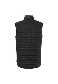 Gilet imbottito nero senza maniche con collo alla coreana, visto da dietro su sfondo bianco.