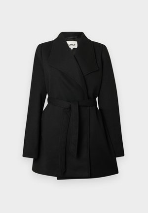 Black wool blend coat with a shawl collar, belted waist, and long sleeves, featuring a smooth, textured fabric and tailored fit.