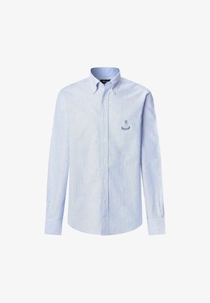Camicia a maniche lunghe a righe azzurro chiaro e bianco con colletto abbottonato. Presenta un piccolo logo ricamato sul lato sinistro del petto.