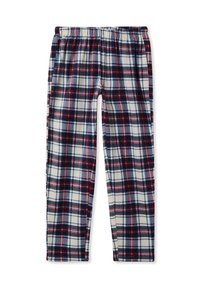Pantaloni del pigiama a quadrati con uno sfondo crema e motivi a scacchi blu navy, rosso e blu scuro. Vita elastica, tessuto morbido.