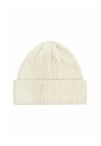 Kremowa dzianinowa czapka z prążkowanym wzorem, z podwiniętym mankietem i rozrzuconymi akcentami z cekinów na całej powierzchni.