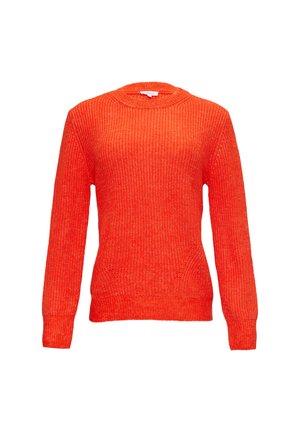 Gehaakte oranje trui met een ronde halslijn, lange mouwen en ribbelstructuur. Kenmerkt zich door een aansluitende onderrand en een losse pasvorm.