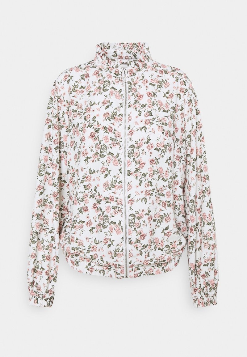 Vit lättviktsjacka med blommönster i rosa och grönt, hög krage och hel dragkedja fram, elastiska manschetter och en avslappnad passform.