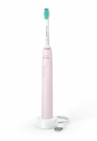 Philips Sonicare elektrische tandenborstel met een roze handvat, witte borstelkop, blauw-groene haren en een oplaadstation met USB-kabel.
