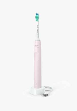 Philips Sonicare elektrische tandenborstel met een roze handvat, witte borstelkop, blauw-groene haren en een oplaadstation met USB-kabel.