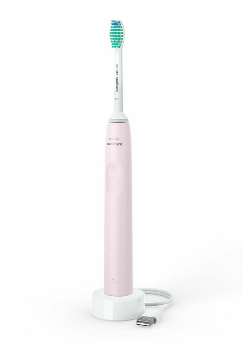 Philips Sonicare elektrische tandenborstel met een roze handvat, witte borstelkop, blauw-groene haren en een oplaadstation met USB-kabel.