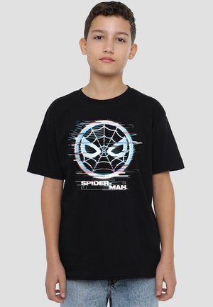 Schwarzes Baumwoll-T-Shirt mit einer Grafik von Spider-Mans Maske und einem Netzdesign, hervorgehoben durch blaue und rote Akzente. Lässige Passform.