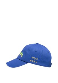 Blue baseball cap with embroidered green and yellow logo designs. Features adjustable strap and six ventilation holes on the crown.