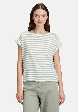 Gestreiftes T-Shirt in Hellgrün und Weiß aus weicher Baumwolle, mit lockerem Schnitt, hochgekrempelten Ärmeln und rundem Halsausschnitt.