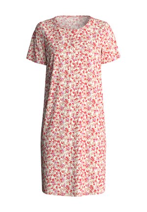 Beige jurk met korte mouwen, rood en roze bloemenpatroon, ronde halslijn en knoopdetails aan de voorkant.