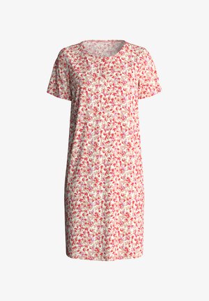 Beige jurk met korte mouwen, rood en roze bloemenpatroon, ronde halslijn en knoopdetails aan de voorkant.