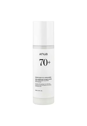 Bottiglia di lozione quotidiana Anua Heartleaf 70+ Hyaluron, bianca con testo nero, 200 ml, idrata la pelle con una finitura leggera e non appiccicosa.
