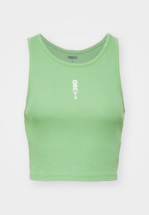 Mündroheline ribidega lühike topp, millel on ümar kaelus. Ees on keskelt valge "OBEY" logo. Kanga pind on pehme ja tekstureeritud.