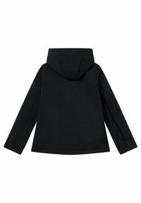 Veste noire à capuche avec manches longues, tissu lisse, ourlet à coupe droite et coutures minimales. Dispose d'une grande capuche et aucun élément métallique visible.