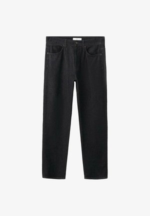 Czarne dżinsy z denimu o prostym kroju, z pięcioma kieszeniami i paskiem w talii. Materiał ma gładką fakturę i minimalne detale przeszyć.