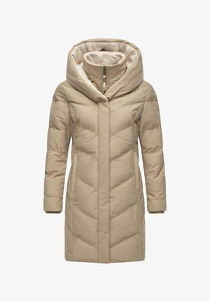 Beige puffer coat with a high collar and large hood. Features quilted pattern, long sleeves, and a front zipper closure. Soft inner lining.
