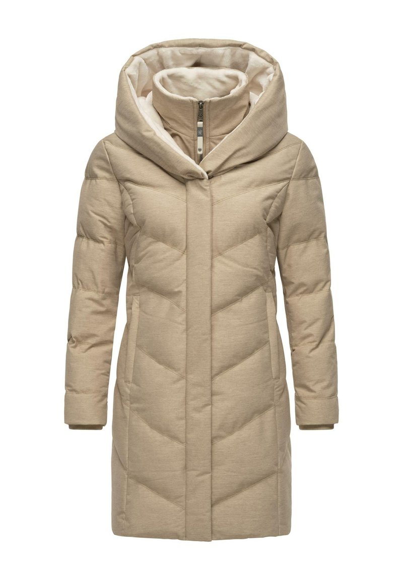 Cappotto imbottito beige con colletto alto e ampio cappuccio. Presenta un motivo trapuntato, maniche lunghe e chiusura frontale con zip. Fodera interna morbida.