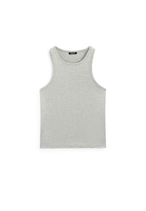 Graues Tanktop aus weicher Baumwolle, mit rundem Ausschnitt und ärmellosem Design, glatter Textur und schlichter, unauffälliger Optik.