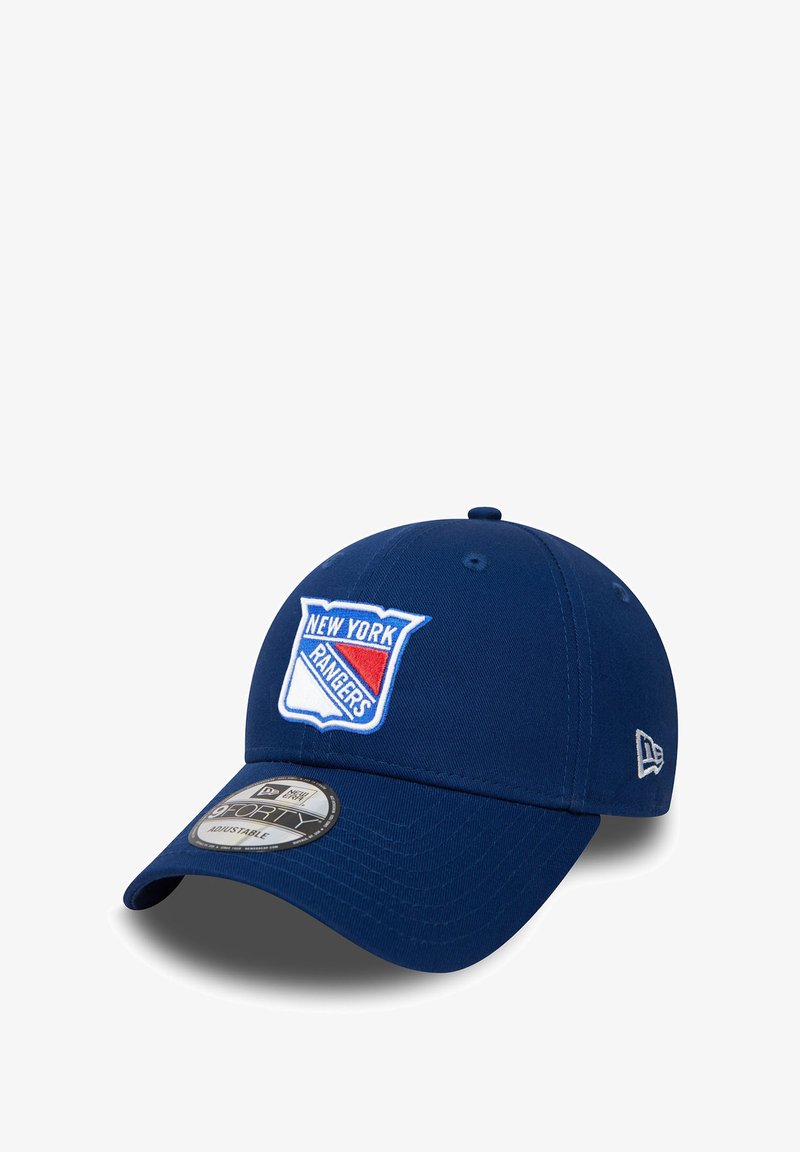 Blue baseball cap made of fabric, featuring a raised embroidered New York Rangers logo on the front and a curved brim.