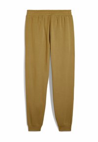 Khaki dresowe spodnie z elastycznym pasem, zwężanymi nogawkami i miękką tkaniną z bawełny; wszechstronny i wygodny design, bez widocznych wzorów.