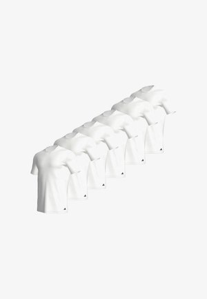 Pack mit acht einfarbigen weißen T-Shirts. Kurzarm, runder Halsausschnitt, aus Baumwollmischung, mit kleinem schwarzem Logo am Saum.