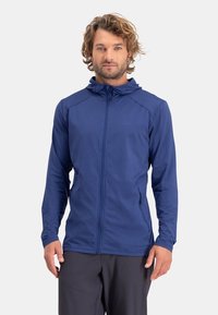 Navy blue zip-up hoodie made of lightweight, stretchable fabric. Features a hood, long sleeves, and side pockets, with a smooth texture.
