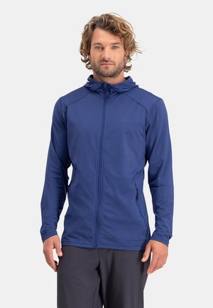 Navy blue zip-up hoodie made of lightweight, stretchable fabric. Features a hood, long sleeves, and side pockets, with a smooth texture.