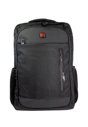 Zwarte rugzak van gestructureerd materiaal met een ritsvak aan de voorkant, gaas zijvakken en een rood logo-accent. Glad, rechthoekig ontwerp.