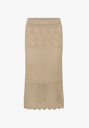 Jupe en maille beige avec un motif texturé comprenant des diamants et des formes géométriques ; ourlet festonné ajoutant du détail ; design mi-long.