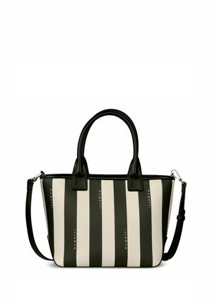 Schwarz-weiß gestreifte Handtasche mit zwei kurzen Griffen, einem abnehmbaren Schulterriemen und "bugatti"-Markenaufdruck auf den Streifen.