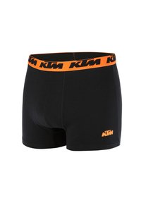 Schwarze Boxershorts aus Baumwollmischung, mit einem orangefarbenen elastischen Bund, der mit "KTM"-Branding versehen ist, und einem kleinen orangefarbenen Logo am Bein.