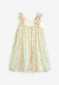 Robe pour enfants pailletée et sans manches dans des teintes pastel de rose et de vert avec des bretelles à volants et un tissu orné de sequins. Matière douce et légère.