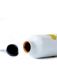 White water bottle with a rounded shape, gold-colored rim and black screw cap. Features a yellow cartoon graphic on the side.