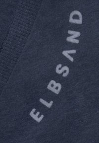 Navy blue fabric featuring a soft texture with light gray text reading "ELBSAND" vertically. The design includes a V-neck detail.