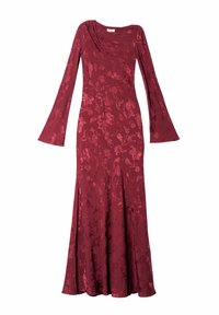 Largo vestido jacquard floral burdeos con mangas acampanadas y una cintura ajustada, que se extiende en una falda larga ligeramente acampanada.
