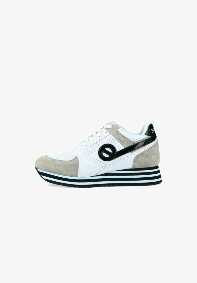 White and gray sneaker with perforated upper, suede toe, and black accents. Features a striped sole and circular logo detail.