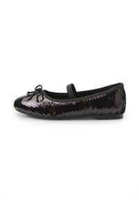 Black sequined ballet flat with a rounded toe, bow detail, and elastic strap. Textured surface with shiny sequins, flat sole.