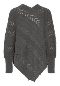 Poncho grigio a maglia con scollo a V, caratterizzato da linee diagonali e motivi a chevron testurizzati. Vestibilità ampia con polsini a costine.