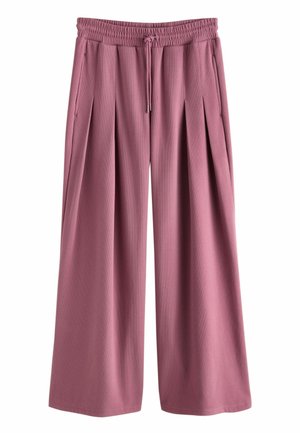 Hose mit weitem Bein aus weichem pinkfarbenem Stoff, mit elastischem Bund, Kordelzugdetail und vorderen Falten für zusätzlichen Struktur- und Designakzent.