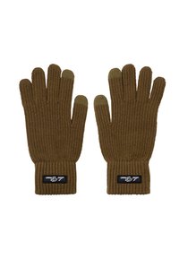 Barna kötött kesztyű ribbelt textúrával, fekete címkével a mandzsettán. Az ujjak hegyén megerősített kialakítás található.