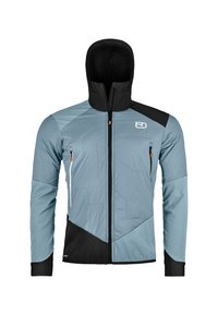 Mid-layer jacket with a light blue body, black accents, and a hood. Features a zip front, two zippered pockets, and a textured pattern.