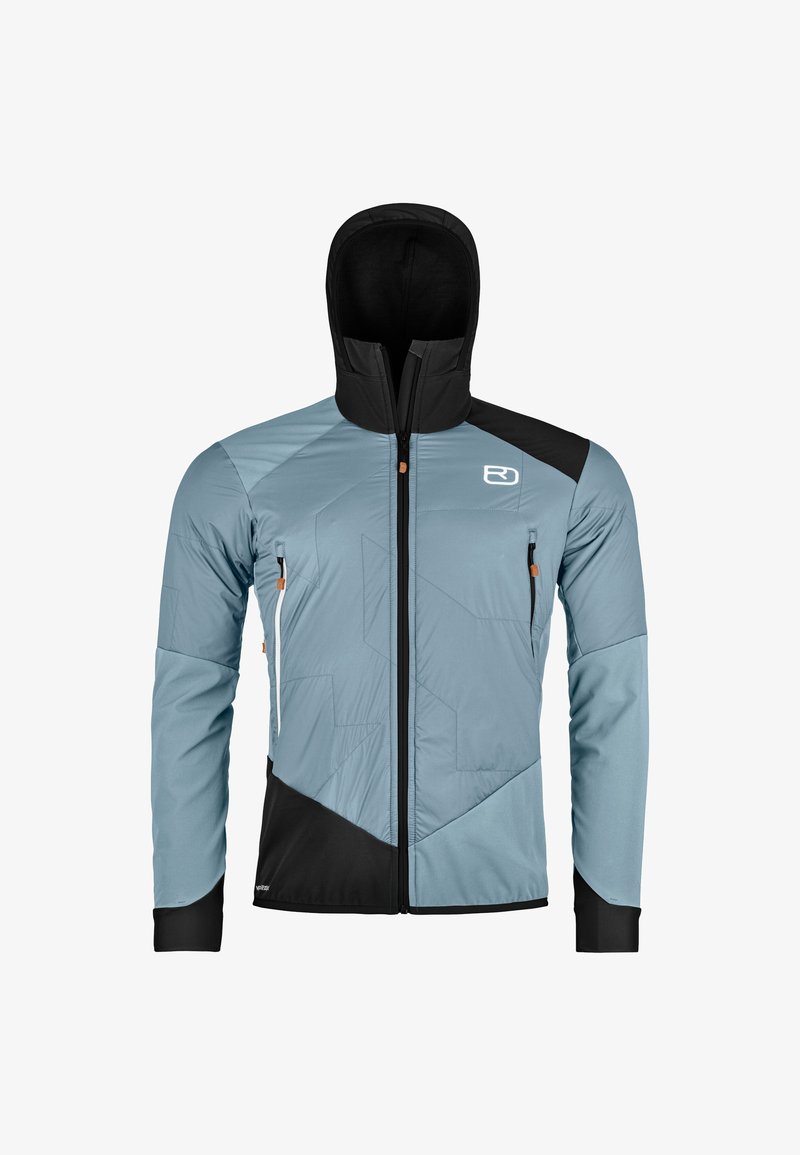 Mid-layer jacket with a light blue body, black accents, and a hood. Features a zip front, two zippered pockets, and a textured pattern.
