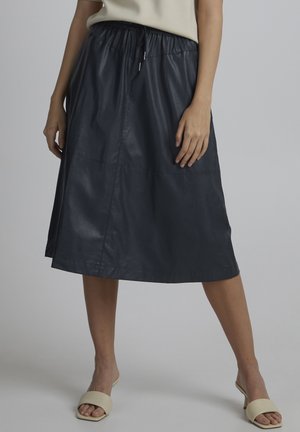 Fustă midi din piele bleumarin, cu talie elastică și cordon. Prezintă o textură netedă și un design simplu, clasic.