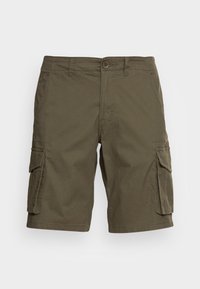 Pantaloni cargo verde oliva in tessuto leggero, con due ampie tasche laterali, chiusura con bottone e design a gamba dritta.