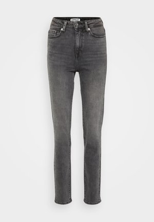 High-waisted grey denim jeans with a straight leg cut, featuring five pockets and visible stitching details along the sides.