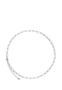 Collana in metallo argento con forme ovali allungate e collegate, dotata di chiusura a gancio e catena allungabile per il fissaggio.