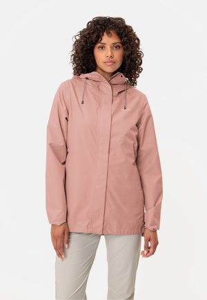 Helle rosa wasserdichte Jacke mit Kapuze, langen Ärmeln, Kordelzug-Details und einem Reißverschluss vorne. Glatte Textur, minimalistisches Design.