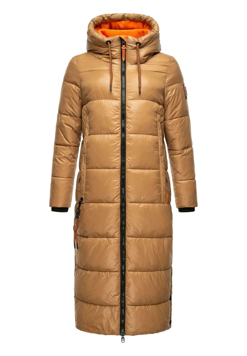 Tan gevoerd lang jasje met een capuchon, voorrits, oranje voering en zwarte accenten. Heeft zijzakken en verstelbare koorden.