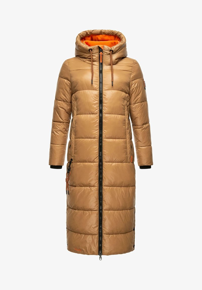 Tan padded long coat with a hood, front zipper, orange lining, and black accents. Features side pockets and adjustable drawstrings.