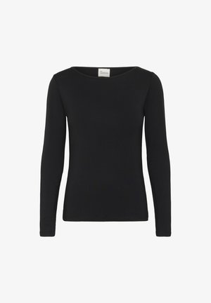 Top negro de manga larga hecho de una tela suave, con un escote ancho, forma ajustada y sin patrones ni adornos visibles.